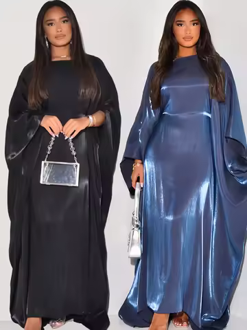 Batwing Butterfly Sleeve Satin Khimar Abaya Dubai Muslim Maxi Dress Kaftan Abayas For Women Kebaya C