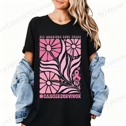 T Shirt for Women Boho Floral Breast Cancer Graphic T-shirt Top Pink Abstract Flowers Coquette Bow W