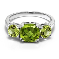 Gem Stone King 925 Sterling Silver Green Peridot 3 Stone Engagement Ring For Women (3.45 Cttw, Gemst