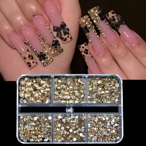 6Grids Shiny Gold Glass Nail Flatback Rhinestone SS4-SS6 2-5mm 3D Nail Gems Decoration Non Hotfix Cr