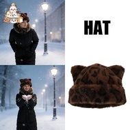 Leopard Print Hat Women's Cat Ears Leopard Print Hat Cat Bobble Hat Winter Hat with Cat Ears Knitted