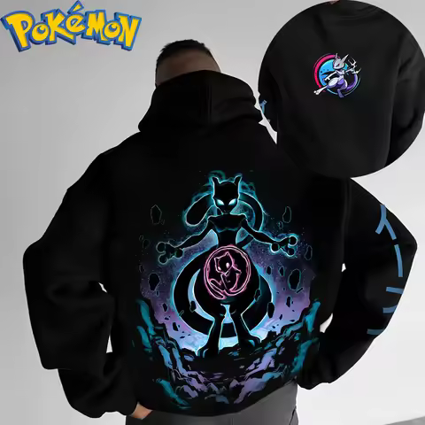 Pokemon Anime Mewtwo Cotton Hoodie Harajuku Pants Set Black Character Print with Purple Blue Glowing