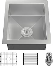 Bar Sink, Brzkyr 15" X 17" Undermount Kitchen Sink, Handmade 16 Gauge SUS304 Stainless Steel Single Bowl Outdoor Prep Sink with Zero-Radius Corners, Nano Coating
