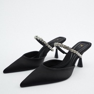 Zara2023 Spring New Product Women's Shoes Black Satin Shiny High-Heeled Mules Flat Strap Rhinestone Shoes Sandals