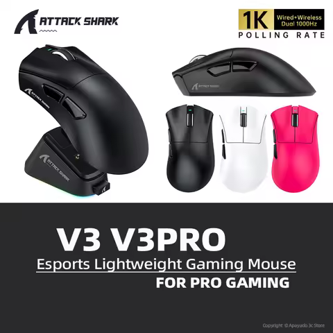 Attack Shark V3 V3PRO Esports Mouse Wireless 1K Hz PAW3311 400IPS 40G 25000DPI,65g Right-Hand Ergono