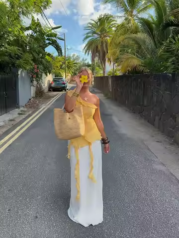 Women's Asymmetric Ruffled One-Shoulder Yellow Top for Date Night,Boho Beach Vacation Outfit,Country