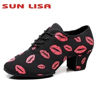 【Shop Now and Save】 Sun Lisa Women's Lady's Girl's Red Lips Indoor Oxford Sole Chunky Heel Sneaker Ballroom Modern Salsa Latin Dance Shoes