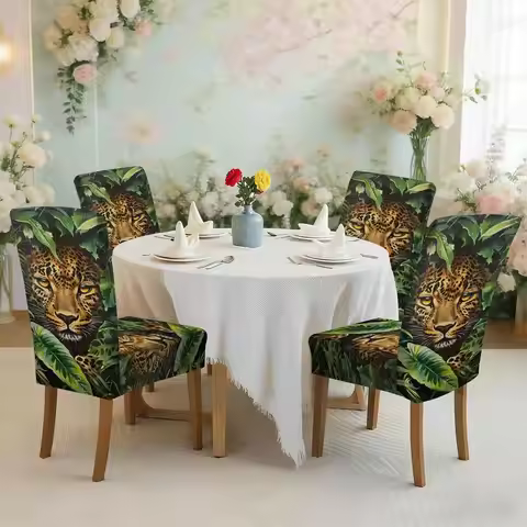Flat print stretch dining chair cover set Golden leopard pattern in the jungle, easy to install, was
