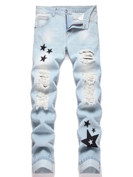 Y2Kผู้ชายปักStar Blueกางเกงยีนส์ขาตรงDistressed Ripped Streetwear DenimกางเกงHip Hop