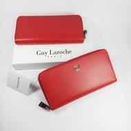 Guy Laroche กระเป๋าสตางค์ผู้หญิงใบยาว ซิปรอบ สีแดง หนังเรียบ ผิวด้าน อะไหล่สีเงิน หนังแท้ 100%