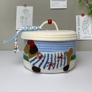 Dopamine Cotton Rope Basket with Lid Cosmetic Organizer Bedroom Desktop Decor