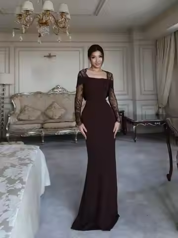 Grown Customized Luxurious Evening Dresses Square Collar Chiffon Lace Sheath Women Prom Floor Length