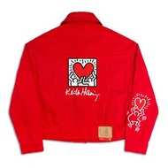 [稀有品] Lee x Keith Haring 經典聯名普普風小人愛心刺繡 胭脂紅牛仔外套 單寧夾克 S號