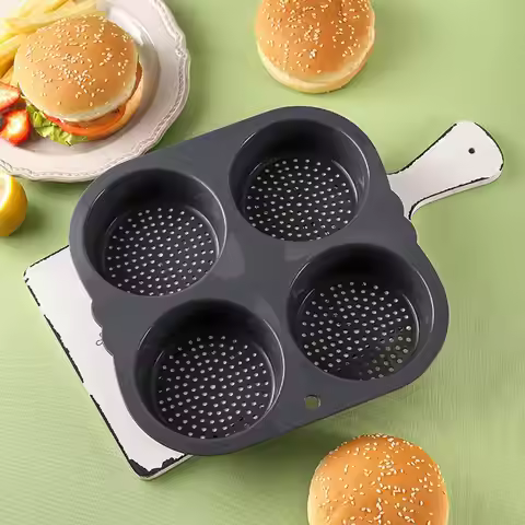 4 Cavity Non-Stick Silicone Hamburger Bun Mold Heat Resistant Baking Pan for Burgers Sandwich Desser