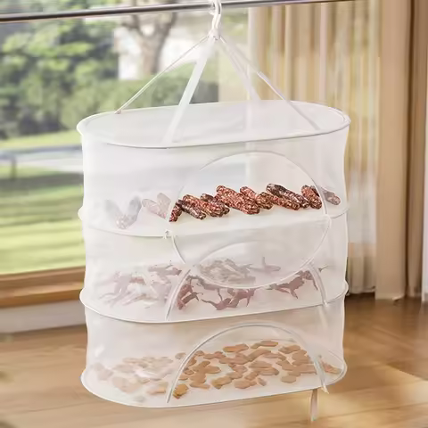 3-Tier Foldable Drying Mesh Basket with Zipper Breathable Mesh Dryer for Dried Vegetables Fish Fruit