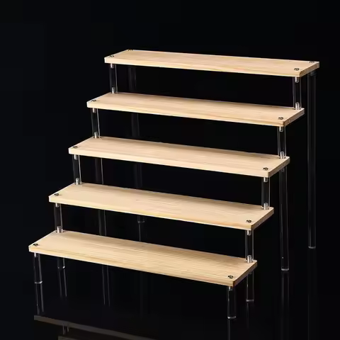 20/30/40/50cm Wooden Step Display Rack Crystal Acrylic Pillar Organizer Toys, Cosmetics Collection a