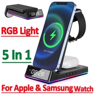 5 In 1 15W Foldable Wireless Charger Stand RGB Dock LED Clock Fast Charging Station for iPhone Samsung Galaxy Watch 5/4 S22 S21