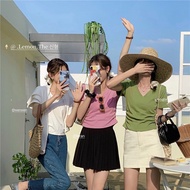 Morning Clothes > Ready Stock lemon] v-Neck Short Top Side Scratch T-Shirt Korean Version Niche Plea