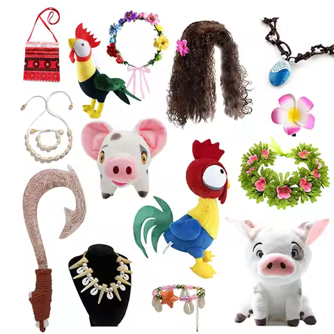 Moana Vaiana Cosplay Kit Wig Necklace Flower Clip Pig Rooster Toys Kids Halloween Carnival Dress Up 