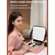 Led light with mirror cosmetic organizer Cosmetic Bag Travel Cosmetic Case with Mirror Box