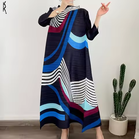 ANLAN Miyake Pleated Dress 2024 Summer New O-Neck Long Sleeved Printed Fashion Evening Dresses Elega