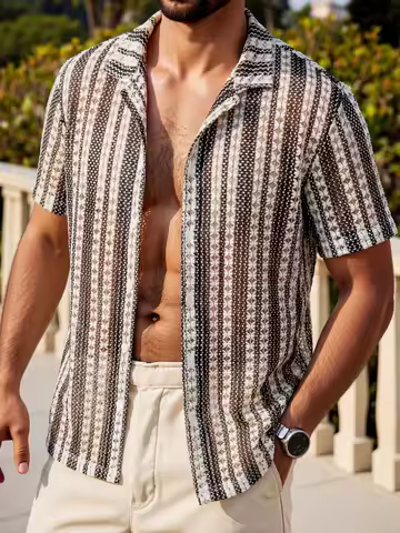 New Summer Men's Fashion Beach Vacation Hawaiian Bohemian Style Crocheted Textured Jacquard Shirt
