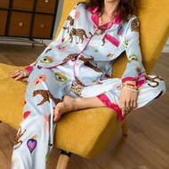 Chillnights Young Fashion Energetic Heart & Leopard Eye Print Lapel Cardigan Pajama Set For Women Si