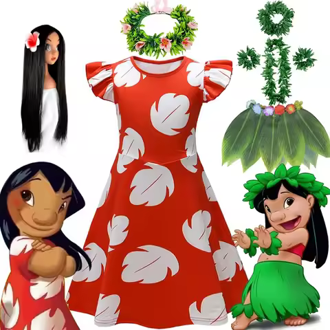 Jy2 Ju2 Stitch Girls Lilo Halloween Cosplay Costume 3D Feather Print Red Flying Sleeve Dress 3-12 Yr