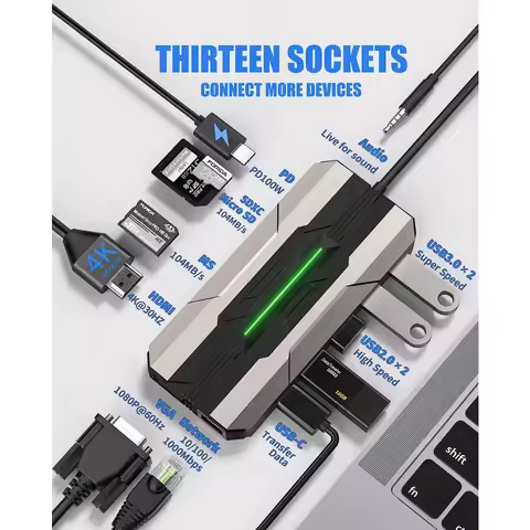 Getatek 13 IN 1 USB C Hub Docking Stations SD Card Reader 1000M RJ45 HDMI-Compatible HDTV VGA USB Hu