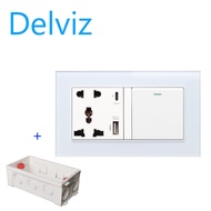 Delviz 1 Gang 2Way lamp Switch Socket Type-C interface socket 146mm*86mm toughened glass frame socke