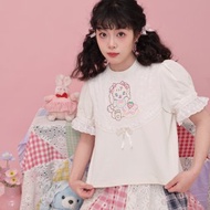 甜美少女 甜甜圈玩偶刺繡 蕾絲泡泡袖短袖T恤