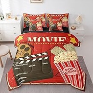 Erosebridal Vintage Movie Theater 7 Pcs Comforter Set for Kids,Grunge Red Cinema Popcorn Duvet Inser