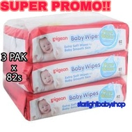 3 PACKS PIGEON BABY WIPES PURE WATER 82'S / PIGEON WET TISSUES