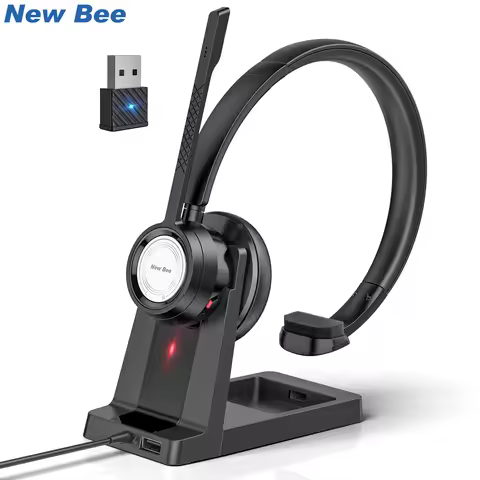 New Bee BH60P Wireless Headphones with Charge Base V5.0 Office PC Headset with Dual Mic CVC 8.0 Nois