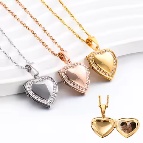Stainless Steel Love Heart with Zircon Put Picture Locket Pendant Necklace Pictures Locket Jewelry P