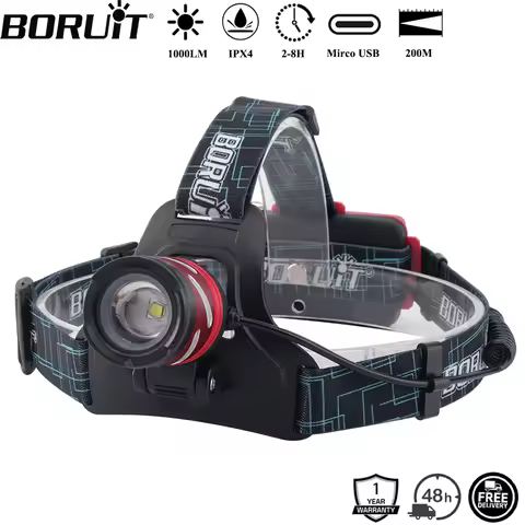 BORUiT B9 1000LM LED Zoonable Headlamp Mirco USB Rechargeable Headlight Waterproof Canping Fishing H