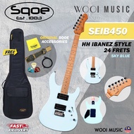 SQOE SEIB450-BLS Ibanez Style HH 24-Fret Electric Guitar with Roasted Maple Neck & Bag - Sky Blue (S