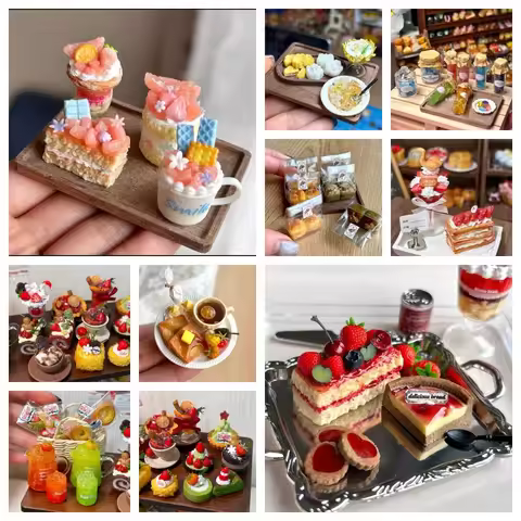 Miniature Christmas Dessert Set Strawberry Napoleon Yuzu Cake Cream Toast Breakfast BJD Dollhouse Ki