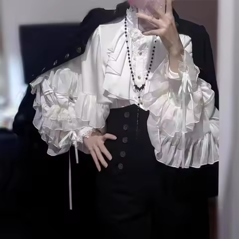 Steampunk Gothic Ruffle Lace Patchwork Shirt Red Black White Aesthetic Lolita Goth Bat Sleeve Loose 