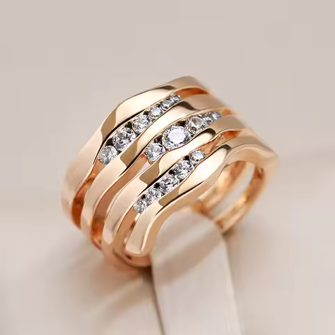 Kinel New Unique Creative 585 Rose Gold Women Rings Micro-wax Inlay Natural Zircon Rings Geometry Mo