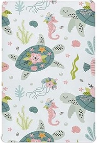 KICPOAY Fitted Crib Sheets Turtle Sea Horse Stretchy Portable Playard Sheets for Baby Toddler, Breathable Soft Mini Crib Mattress 52 x 28 in for Boys and Girls