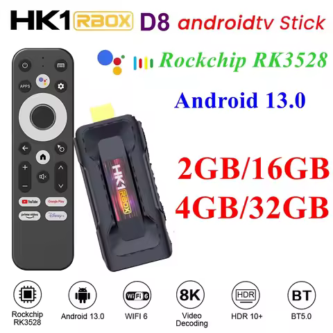 HK1 RBOX D8 Smart TV Stick Android 13.0 RK3528 Quad Core 2G 16G 4G 32G 8K Video 1080P AVE HD 5G Dual
