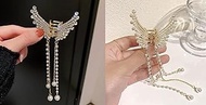 FAVELA 2 PCS Diamond & Pearl Long Tassel Hair Claw Clips Clutcher for Women, Rhinestone Butterfly Ha