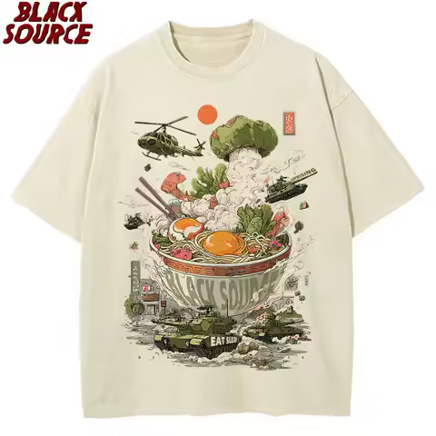 T356 Funny Cat Eating Ramen Vintage Japanese Noodles Geek Normal All Cotton Mens Tops T Shirt Casual