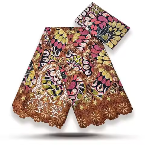 3Yards Embroidery Printed Ankara Wax Fabrics+3Yards Glam Glitter Grand Golden For Sewing Lady Dress