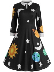 ZEZCLO Women's Long Sleeve Peter Pan Collar A-line Dress Halloween Costume Vintage Solar System Fit 