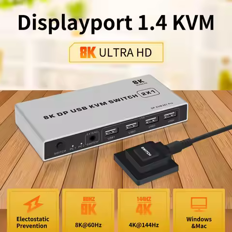 8K Displayport KVM Switch 4K@144hz 2-port USB KVM 8K Displayport 1.4 Switch KVM Dp switch mouse&keyb
