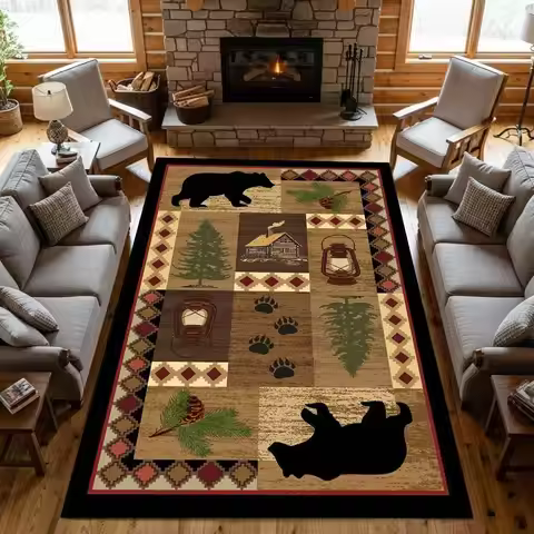 Vintage Wildlife Themed Rug, Bear & Pine Cabin Non-Slip Floor Mat for Bedroom Living Room Lodge Farm