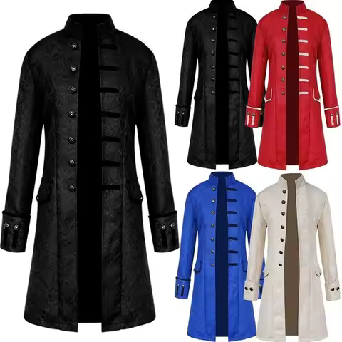 Victorian Classic Medieval Men Costume Jacquard Stand Collar Larp Viking Cosplay Jacket Coat Renaiss