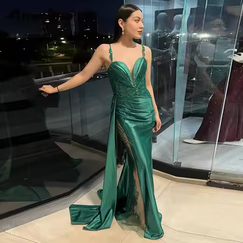 Angelika Classic V Neck Prom Dresses for Women Sleeveless with Appliques Lacing up Spaghetti Strap V